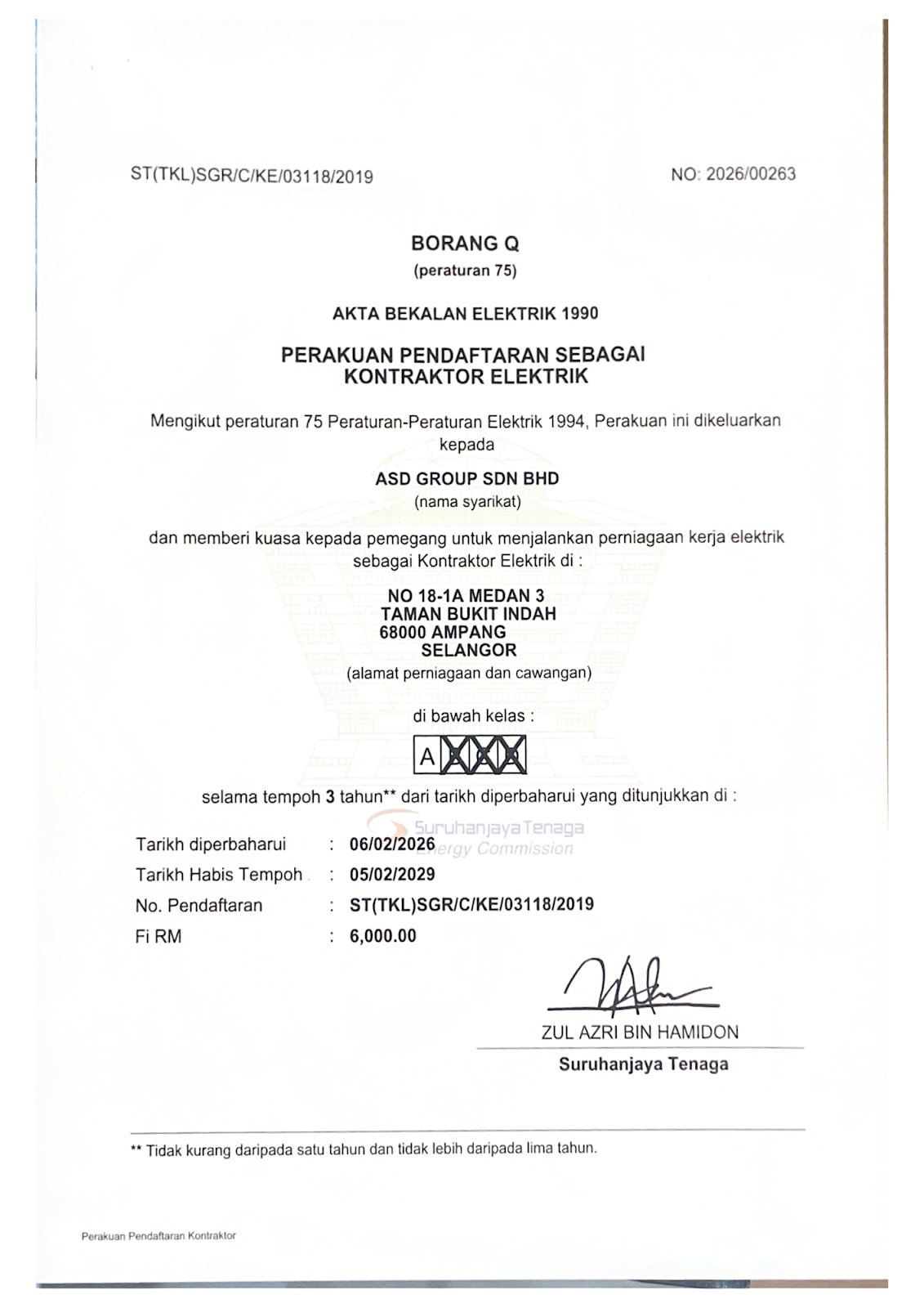 Suruhanjaya Tenaga certificate